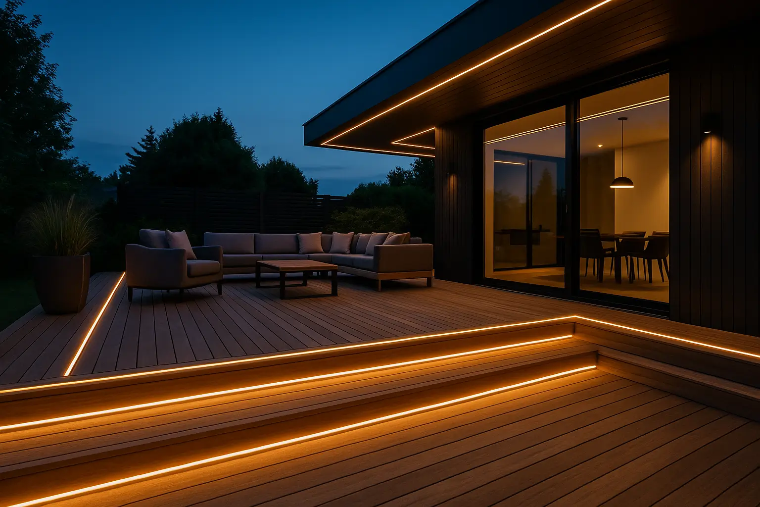 Tarima exterior moderna con tiras LED integradas como iluminación ambiental