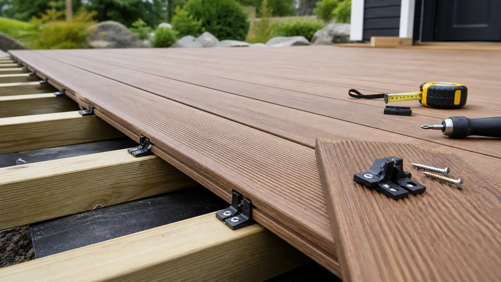 Tablas de tarima exterior instaladas con clips ocultos, rastreles, tornillos y cinta métrica