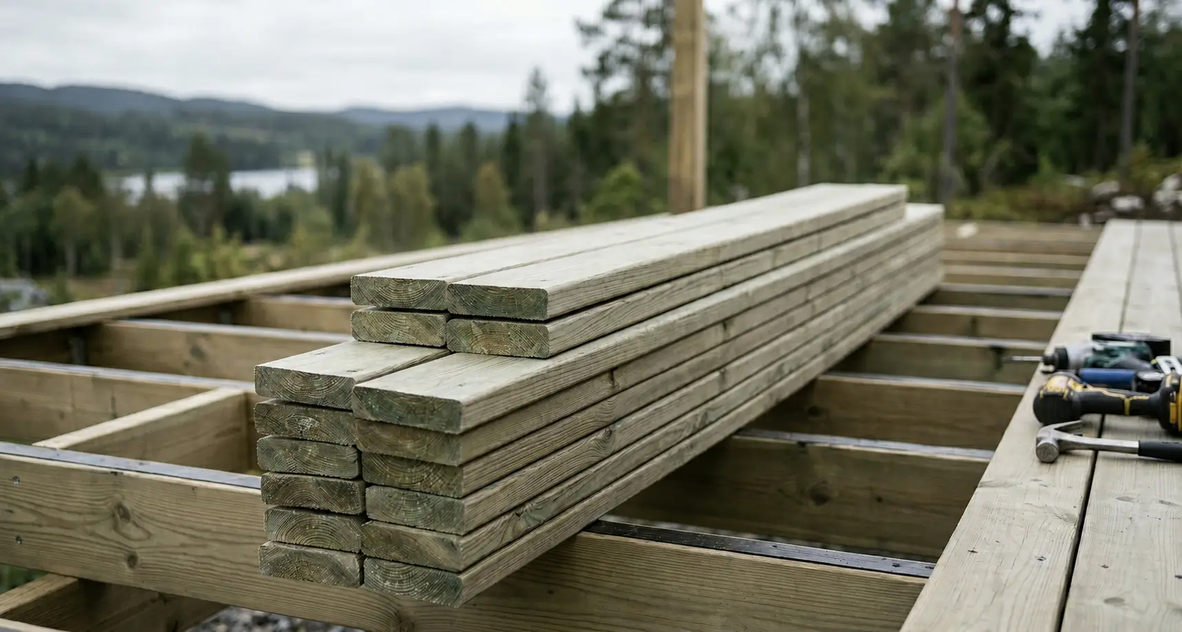 Pila de tablas de tarima exterior listas para montar en una terraza nueva